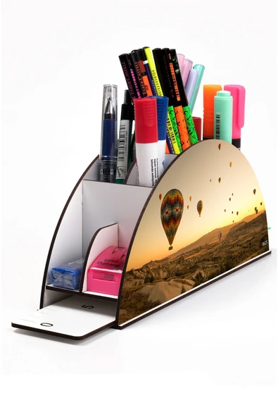 kutuTR Ahşap Vip Manzara Gökkuşağı Cetvelli Masaüstü Kalemlik Organizer Montajlı Kutulu ürün görseli 1