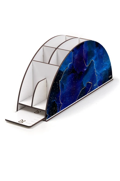 kutuTR Ahşap Vip Mermer Serisi Gökkuşağı Cetvelli Masaüstü Kalemlik Organizer Montajlı Kutulu - Resim 3