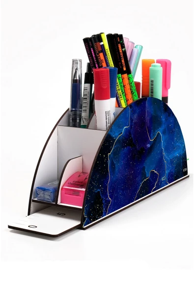 kutuTR Ahşap Vip Mermer Serisi Gökkuşağı Cetvelli Masaüstü Kalemlik Organizer Montajlı Kutulu ürün görseli 1