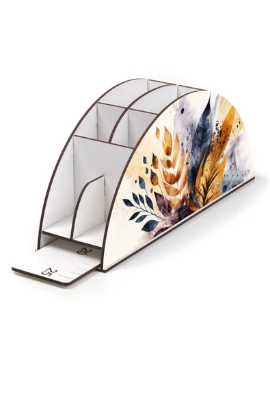 kutuTR Ahşap VİP Orman ve Yapraklar Serisi Gökkuşağı Cetvelli Masaüstü Kalemlik Organizer Montajlı Kutulu - Resim 3