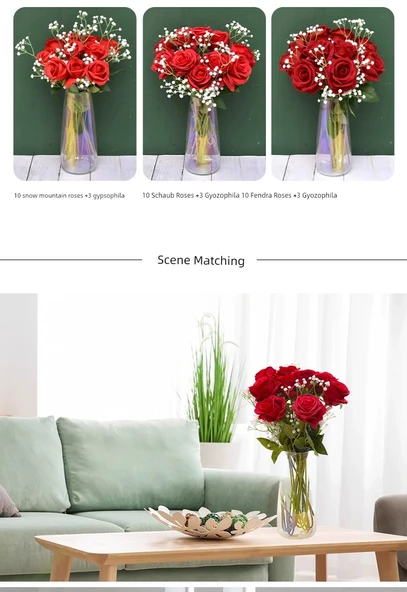 Yapay Gül Buketi - 10 Kırmızı İpek Gülü + 3 Beyaz Gypsophila - 6