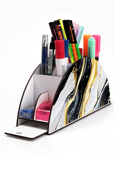 kutuTR Ahşap Vip Desen Serisi Gökkuşağı Cetvelli Masaüstü Kalemlik Organizer Montajlı Kutulu ürün görseli 1