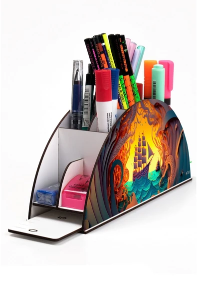 kutuTR Ahşap VİP Okyanus Serisi Gökkuşağı Cetvelli Masaüstü Kalemlik Organizer Montajlı Kutulu ürün görseli 1