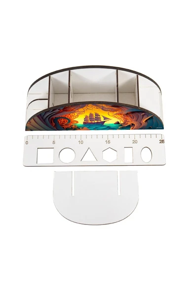 kutuTR Ahşap VİP Okyanus Serisi Gökkuşağı Cetvelli Masaüstü Kalemlik Organizer Montajlı Kutulu - Resim 4