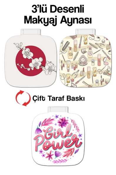 kutuTR Cep Makyaj Aynası 3'lü Set Uv Baskılı PP Kapaklı Cep Aynaları 001 - 2