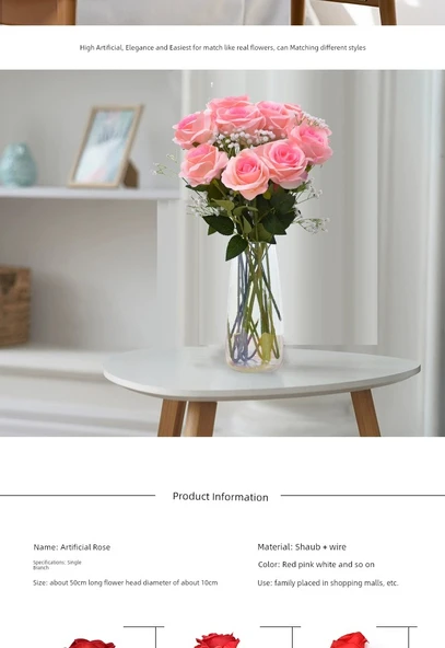 Yapay Gül Buketi - 10 Kırmızı İpek Gülü + 3 Beyaz Gypsophila - 8
