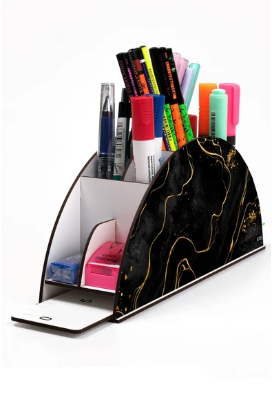 kutuTR Ahşap Vip Mermer Serisi Gökkuşağı Cetvelli Masaüstü Kalemlik Organizer Montajlı Kutulu ürün görseli 1