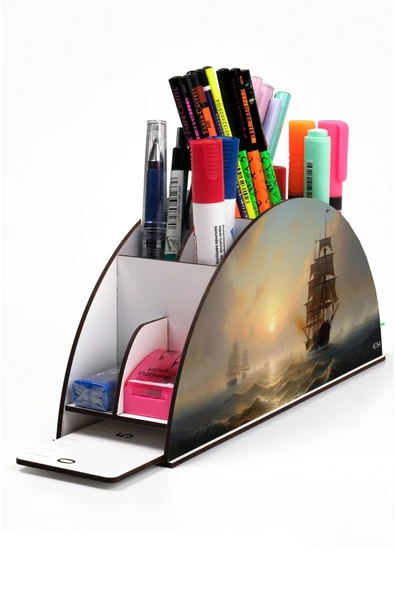 kutuTR Ahşap VİP Okyanus Serisi Gökkuşağı Cetvelli Masaüstü Kalemlik Organizer Montajlı Kutulu ürün görseli 1