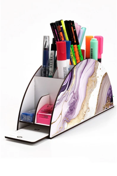 kutuTR Ahşap VİP Mermer Serisi Gökkuşağı Cetvelli Masaüstü Kalemlik Organizer Montajlı Kutulu ürün görseli 1