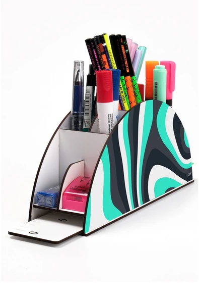 kutuTR Ahşap Vip Dalgalar Gökkuşağı Cetvelli Masaüstü Kalemlik Organizer Montajlı Kutulu ürün görseli 1