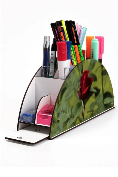 kutuTR Ahşap Vip Gül Serisi Gökkuşağı Cetvelli Masaüstü Kalemlik Organizer Montajlı Kutulu ürün görseli 1