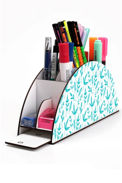 kutuTR Ahşap Vip Flowers Seri Gökkuşağı Cetvelli Masaüstü Kalemlik Organizer Montajlı Kutulu ürün görseli 1