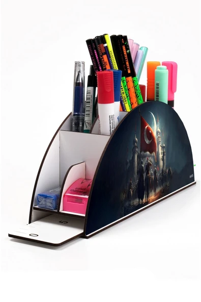 kutuTR Ahşap Vip Islam Ve Bayrak Model Gökkuşağı Cetvelli Masaüstü Kalemlik Organizer Montajlı Kutulu ürün görseli 1