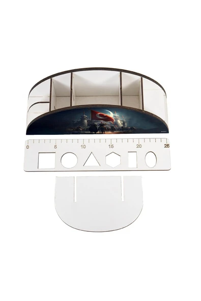 kutuTR Ahşap Vip Islam Ve Bayrak Model Gökkuşağı Cetvelli Masaüstü Kalemlik Organizer Montajlı Kutulu - Resim 4