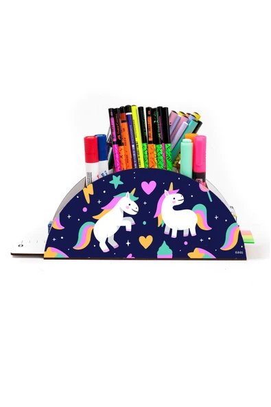 kutuTR Ahşap Vip Unicornlar Model Gökkuşağı Cetvelli Masaüstü Kalemlik Organizer Montajlı Kutulu - Resim 2