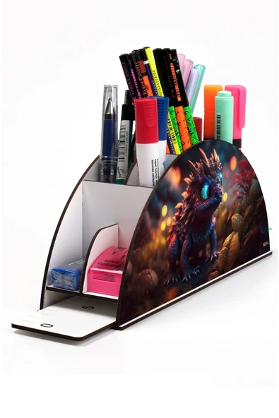 kutuTR Ahşap Vip Ejderha Ve Dinazor Serisi Gökkuşağı Cetvelli Masaüstü Kalemlik Organizer Montajlı Kutulu ürün görseli 1