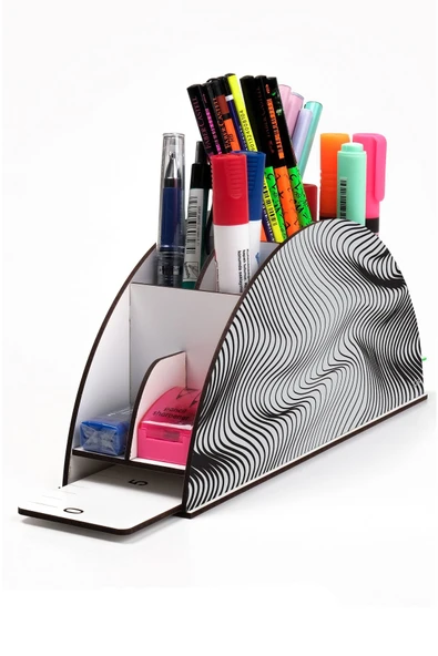 kutuTR Ahşap Vip Pattern Seri Gökkuşağı Cetvelli Masaüstü Kalemlik Organizer Montajlı Kutulu ürün görseli 1