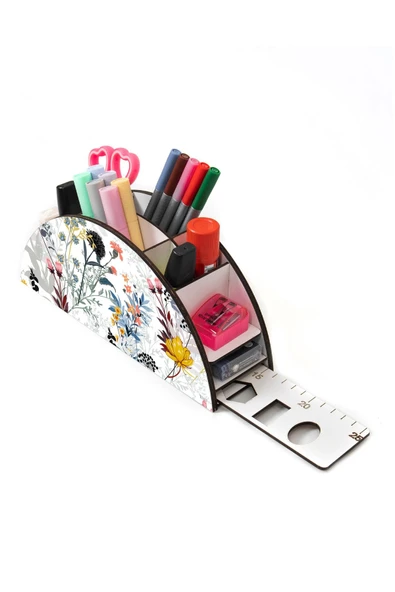 kutuTR Ahşap Vip Çiçek Serisi Gökkuşağı Cetvelli Masaüstü Kalemlik Organizer Montajlı Kutulu ürün görseli 1