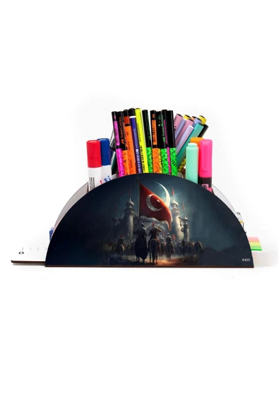 kutuTR Ahşap Vip Islam Ve Bayrak Model Gökkuşağı Cetvelli Masaüstü Kalemlik Organizer Montajlı Kutulu - Resim 2