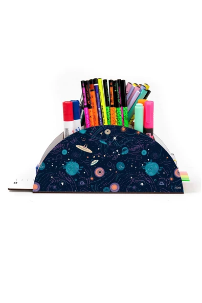 kutuTR Ahşap Vip Uzay Serisi Model Gökkuşağı Cetvelli Masaüstü Kalemlik Organizer Montajlı Kutulu - Resim 2