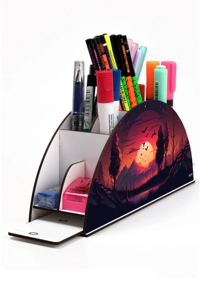 kutuTR Ahşap Vip Fantastik Gökkuşağı Cetvelli Masaüstü Kalemlik Organizer Montajlı Kutulu ürün görseli 1