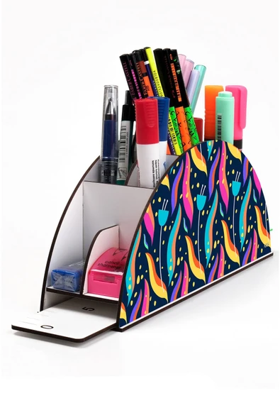 kutuTR Ahşap Vip Pattern Seri Gökkuşağı Cetvelli Masaüstü Kalemlik Organizer Montajlı Kutulu