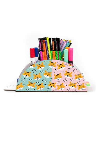 kutuTR Ahşap Vip Yırtıcı Hayvanlar Gökkuşağı Cetvelli Masaüstü Kalemlik Organizer Montajlı Kutulu - Resim 2