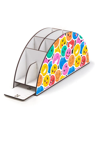 kutuTR Ahşap Vip Emojiler Model Gökkuşağı Cetvelli Masaüstü Kalemlik Organizer Montajlı Kutulu - Resim 3