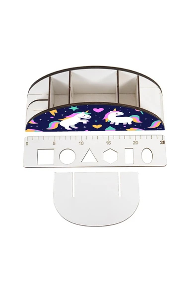kutuTR Ahşap Vip Unicornlar Model Gökkuşağı Cetvelli Masaüstü Kalemlik Organizer Montajlı Kutulu - Resim 4
