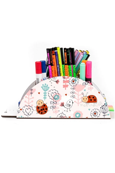 kutuTR Ahşap Vip Mini Animals Gökkuşağı Cetvelli Masaüstü Kalemlik Organizer Montajlı Kutulu