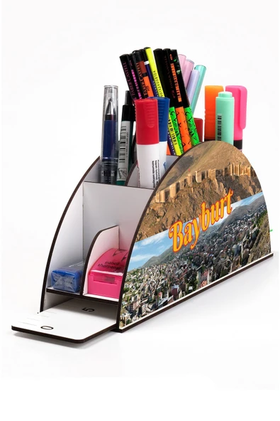 kutuTR Ahşap Vip Şehir Serisi Gökkuşağı Cetvelli Masaüstü Kalemlik Organizer Montajlı Kutulu ürün görseli 1