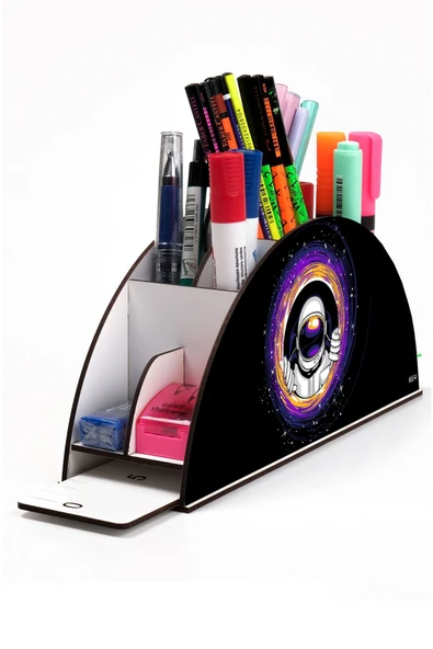 kutuTR Ahşap Vip Astronot Ve Uzay Gökkuşağı Cetvelli Masaüstü Kalemlik Organizer Montajlı Kutulu ürün görseli 1