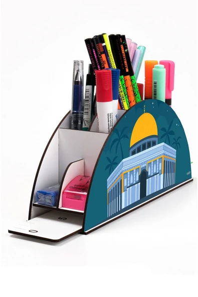 kutuTR Ahşap Vip Islamiyet Gökkuşağı Cetvelli Masaüstü Kalemlik Organizer Montajlı Kutulu ürün görseli 1