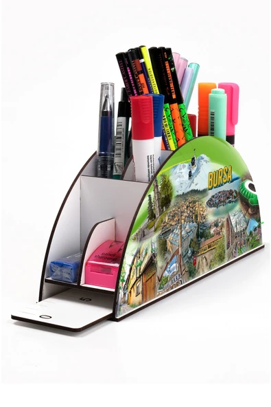 kutuTR Ahşap Vip Şehir Serisi Gökkuşağı Cetvelli Masaüstü Kalemlik Organizer Montajlı Kutulu ürün görseli 1