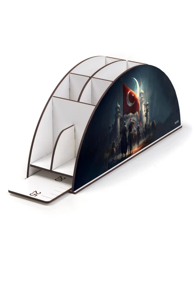 kutuTR Ahşap Vip Islam Ve Bayrak Model Gökkuşağı Cetvelli Masaüstü Kalemlik Organizer Montajlı Kutulu - Resim 3