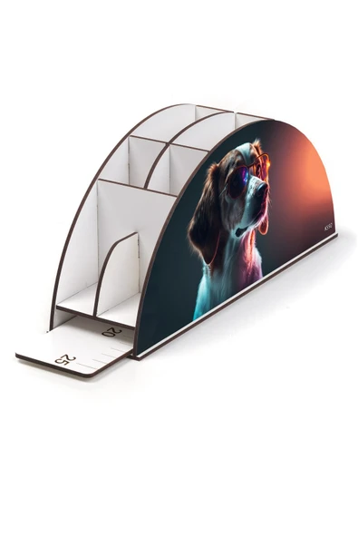 kutuTR Ahşap Vip Köpek Ve Kedi Model Gökkuşağı Cetvelli Masaüstü Kalemlik Organizer Montajlı Kutulu - Resim 3