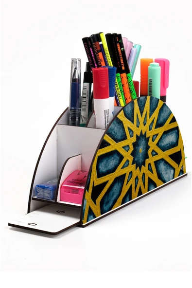 kutuTR Ahşap Vip Karışık Gökkuşağı Cetvelli Masaüstü Kalemlik Organizer Montajlı Kutulu ürün görseli 1