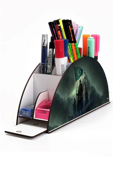 kutuTR Ahşap Vip Islam Ve Bayrak Model Gökkuşağı Cetvelli Masaüstü Kalemlik Organizer Montajlı Kutulu ürün görseli 1