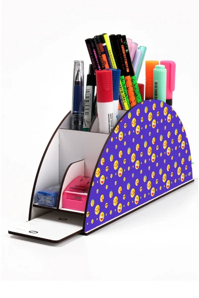 kutuTR Ahşap Vip Emoji Serisi Gökkuşağı Cetvelli Masaüstü Kalemlik Organizer Montajlı Kutulu ürün görseli 1