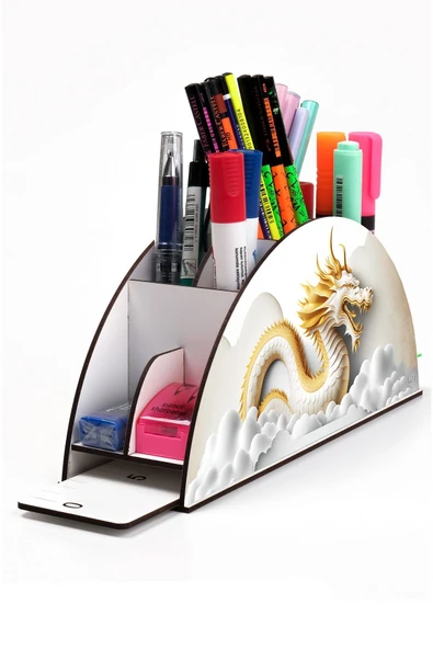 kutuTR Ahşap Vip Ejderha ve Dinazor Serisi Gökkuşağı Cetvelli Masaüstü Kalemlik Organizer Montajlı Kutulu ürün görseli 1
