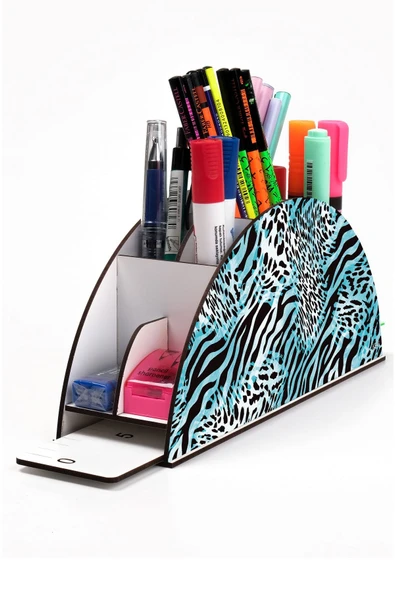 kutuTR Ahşap Vip Dalgalar Gökkuşağı Cetvelli Masaüstü Kalemlik Organizer Montajlı Kutulu ürün görseli 1