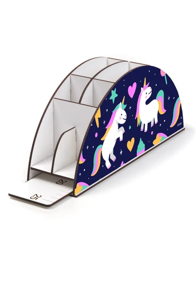 kutuTR Ahşap Vip Unicornlar Model Gökkuşağı Cetvelli Masaüstü Kalemlik Organizer Montajlı Kutulu - Resim 3