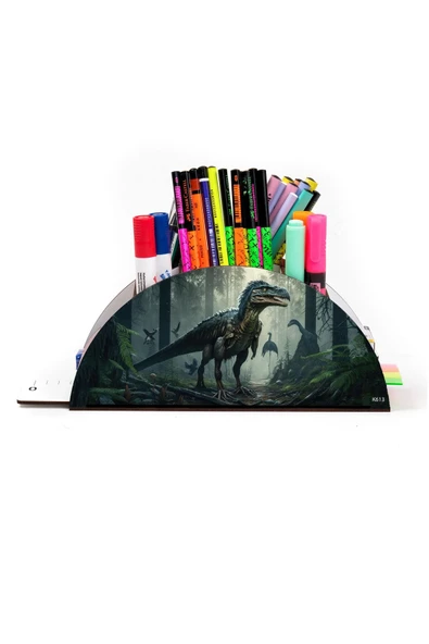kutuTR Ahşap Vip Ejderha Ve Dinazor Serisi Gökkuşağı Cetvelli Masaüstü Kalemlik Organizer Montajlı Kutulu - Resim 2