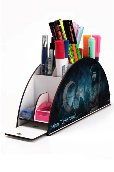 kutuTR Ahşap Vip Bayrak Gökkuşağı Cetvelli Masaüstü Kalemlik ürün görseli 1