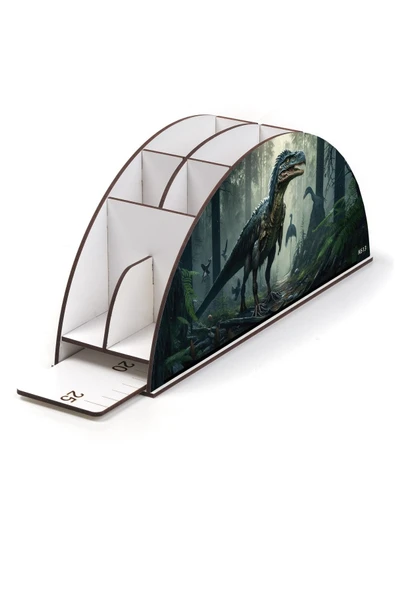 kutuTR Ahşap Vip Ejderha Ve Dinazor Serisi Gökkuşağı Cetvelli Masaüstü Kalemlik Organizer Montajlı Kutulu - Resim 3