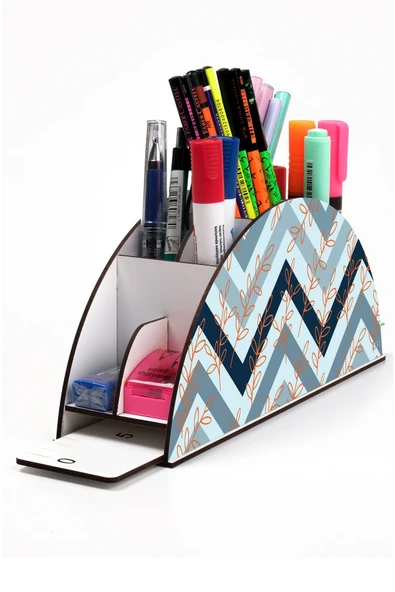 kutuTR Ahşap Vip Dalgalar Gökkuşağı Cetvelli Masaüstü Kalemlik Organizer Montajlı Kutulu ürün görseli 1