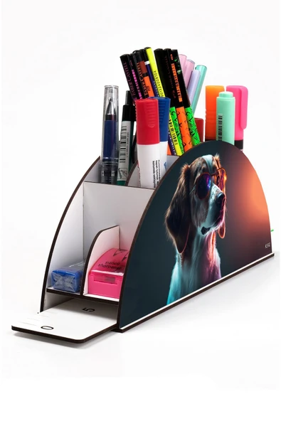 kutuTR Ahşap Vip Köpek Ve Kedi Model Gökkuşağı Cetvelli Masaüstü Kalemlik Organizer Montajlı Kutulu ürün görseli 1