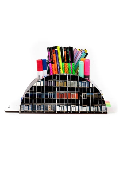 kutuTR Ahşap Vip Dalgalar Gökkuşağı Cetvelli Masaüstü Kalemlik Organizer Montajlı Kutulu - Resim 2