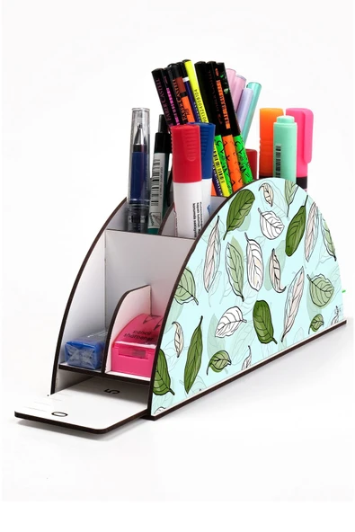 kutuTR Ahşap Vip Yaprak Serisi Gökkuşağı Cetvelli Masaüstü Kalemlik Organizer Montajlı Kutulu ürün görseli 1