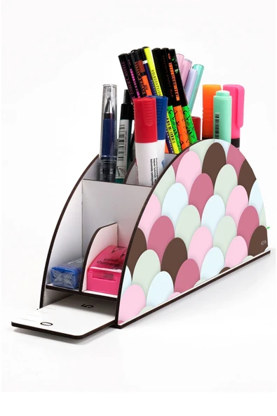 kutuTR Ahşap Vip Dalgalar Gökkuşağı Cetvelli Masaüstü Kalemlik Organizer Montajlı Kutulu ürün görseli 1